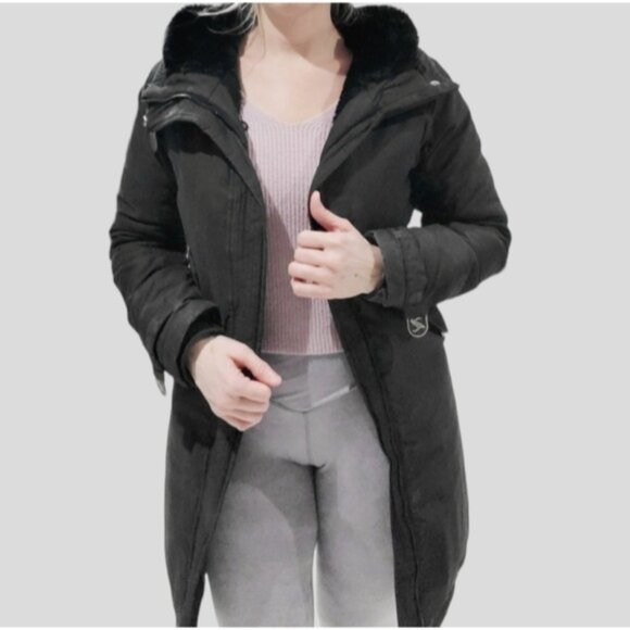 Black Mid Length Parka Coat with Interior Fur Lining - Picture 6 of 17